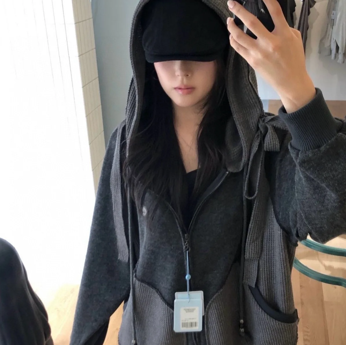 Coyseio Hooded Zipper Sweatshirt Patchwork Design Ladies Loose Fit Velvet Fabric Korean Style Fashion Outerwear Coat