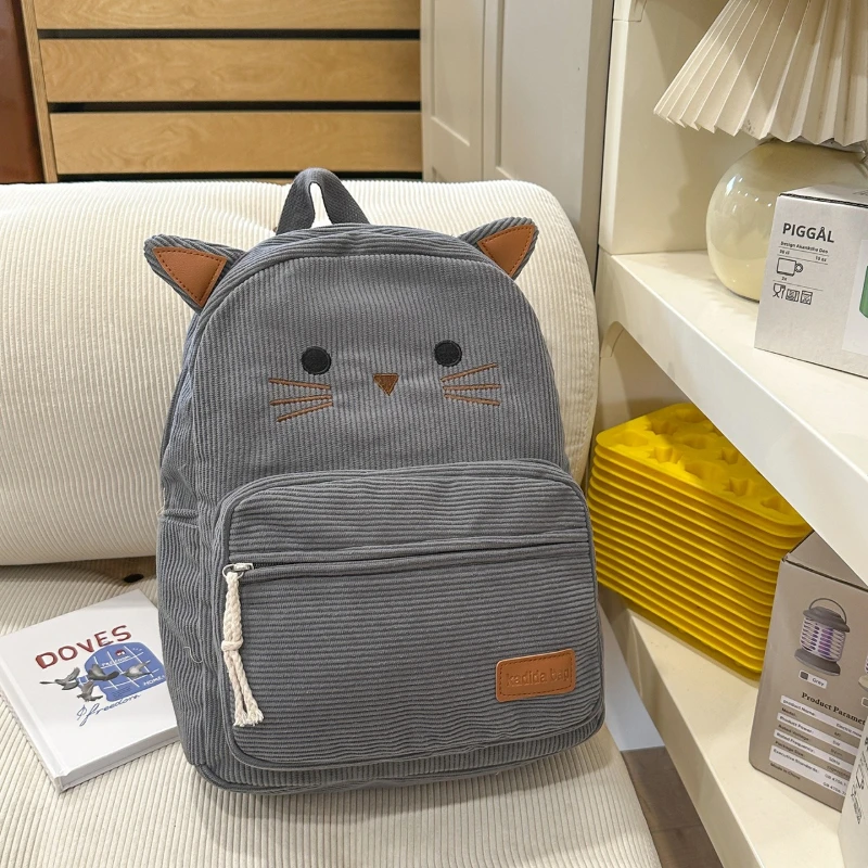 Cute cartoon kitten double shoulder student backpack, casual striped fleece flash versatile ins, large capacity