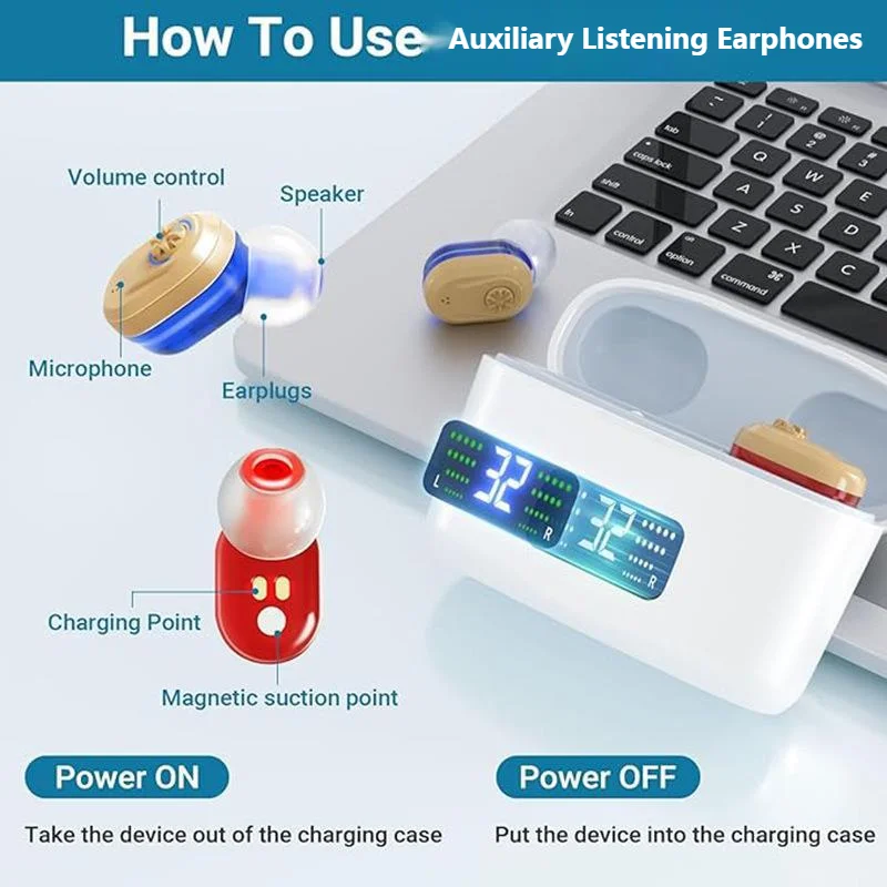 Digital Display Magnetic Rechargeable Auxiliary Listening Earphones In-Ear Assisted Hearing Sound Amplifier Earbuds For Elderly