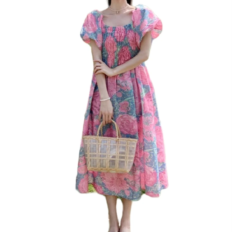 Plus Size Blumendruck Sommer Dr Damen Midirock Urlaub Sle Schlankmachendes langes Dr Ort Sve Princ-Kleid mit hoher Taille