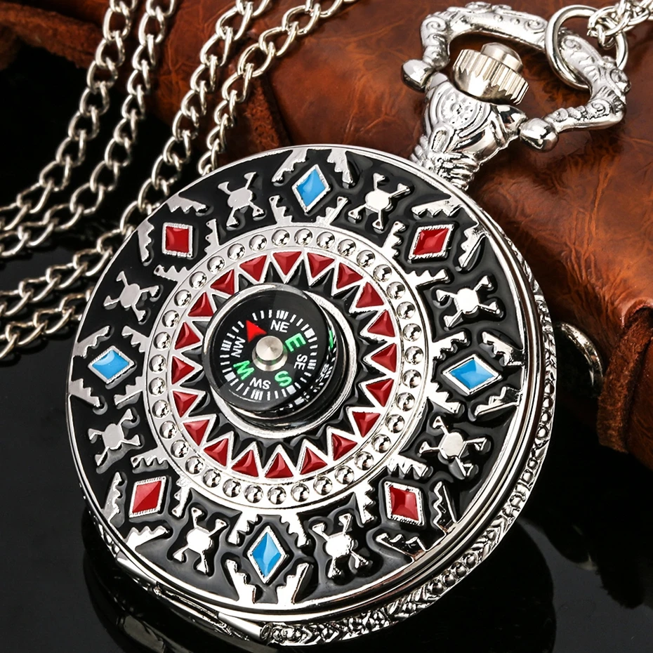 Relief Art American Southwest Cross Totem Design Quartz Pocket Watch Necklace Pendant Steampunk FOB Chain Clock with Compass