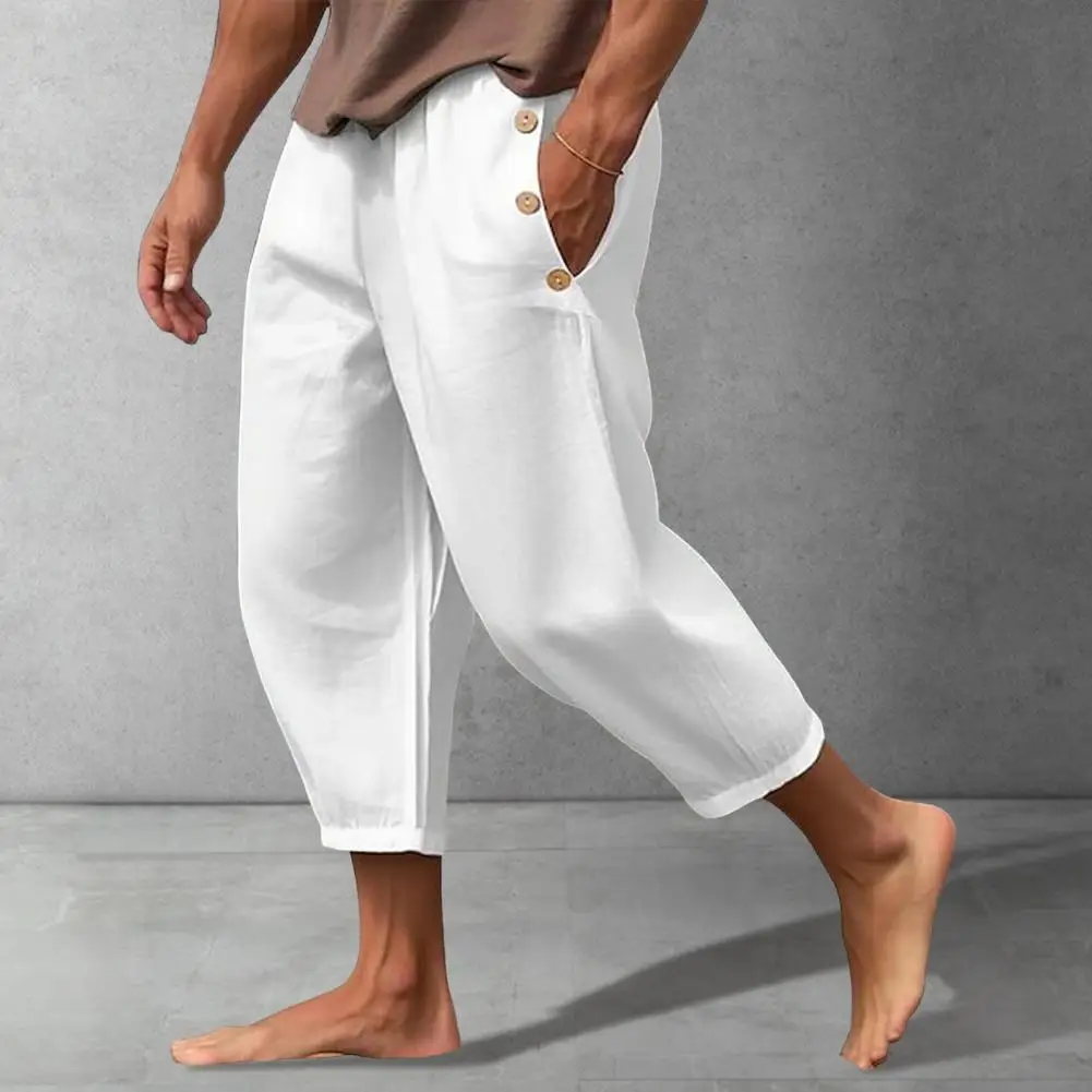 

Solid Color Men Trousers Quick-drying Men's Cropped Sweatpants with Side Pockets Drawstring Waist for Gym Training Beach