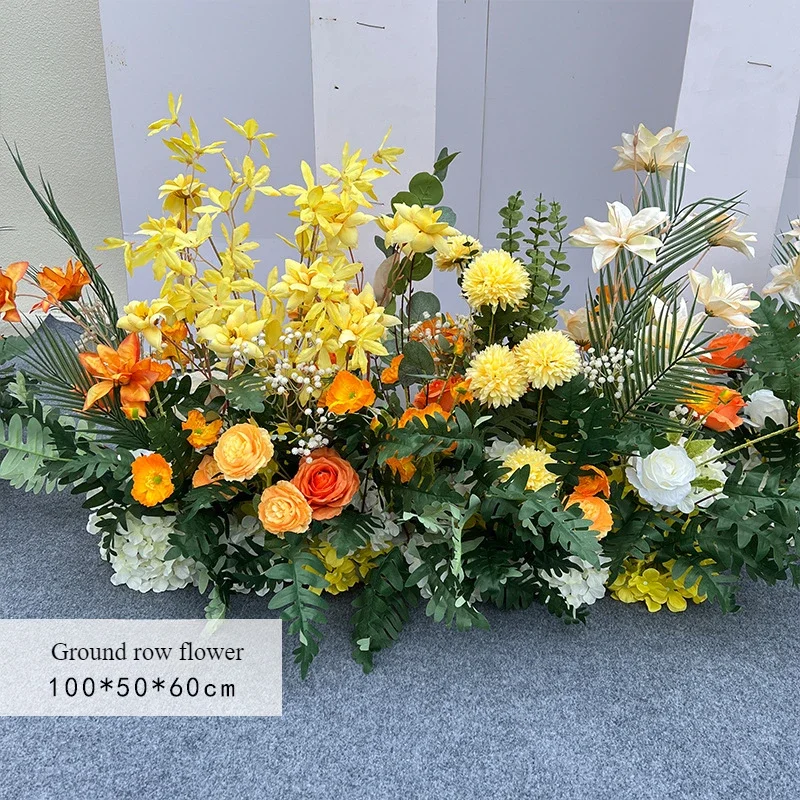 Artificial Yellow Floral Arrangement Wedding Decoration Eucalyptus Floral Arrangement Road Leading Hotel Stage Background