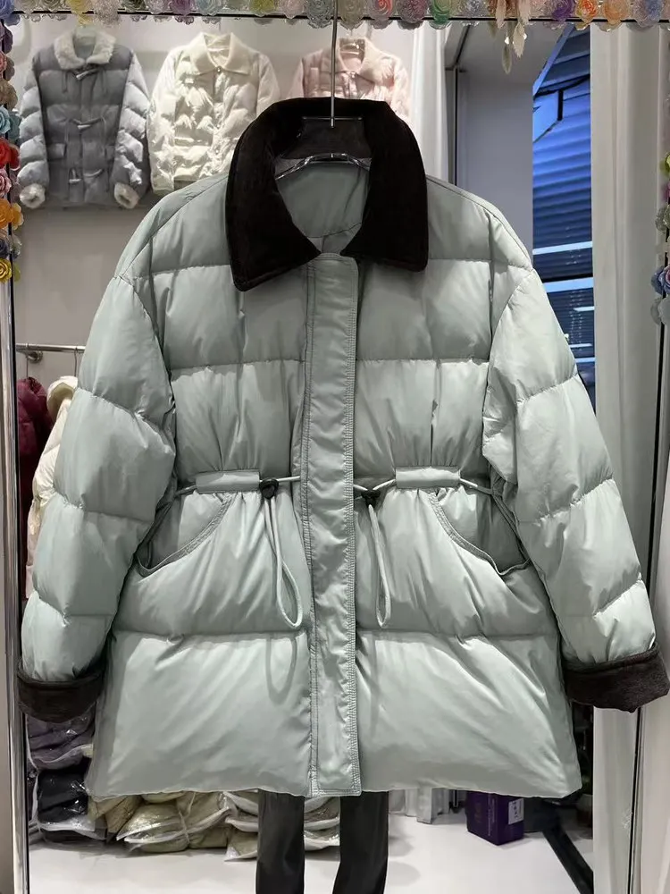 2025 winter new women's medium to long style contrasting color corduroy lapel collar slimming white duck down coat trend