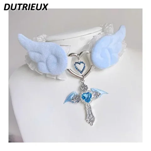 Japanese Style Original Subculture Necklace Love Rhinestone Cross Wings Choker Collar Sweet Cute Girls Hollow Neck Chain