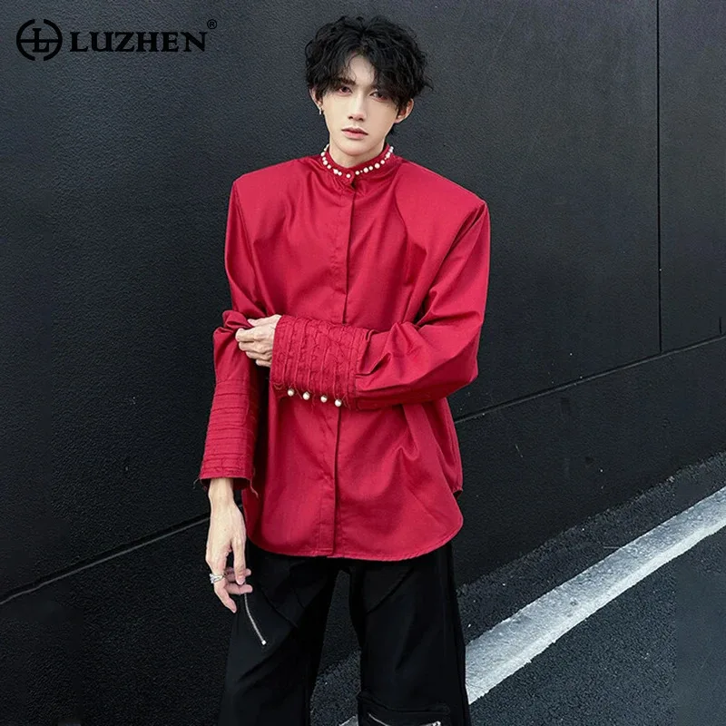 LUZHEN اللؤلؤ تزيين 2025 المرقعة الربيع الوقوف الرقبة جديد طويل الأكمام قمصان الرجال أنيقة بلون الذكور بلايز عادية JY4732 #1