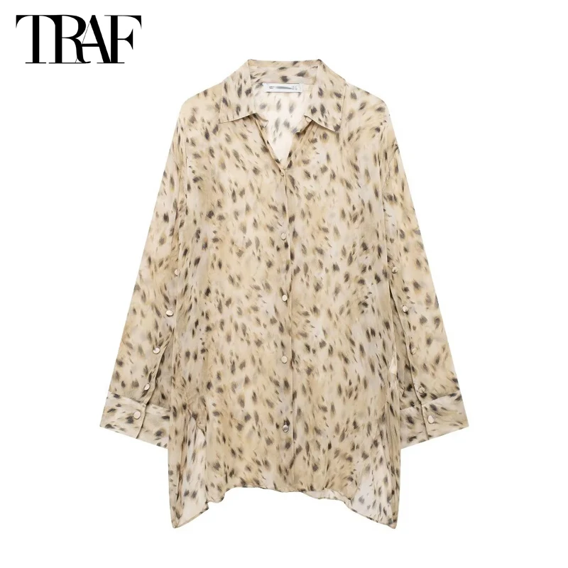 TRAF Print Oversized Shirt Women Semi Sheer Long Shirt Woman Summer Button up Shirt Women Long Sleeve Shirts and Blouses Women