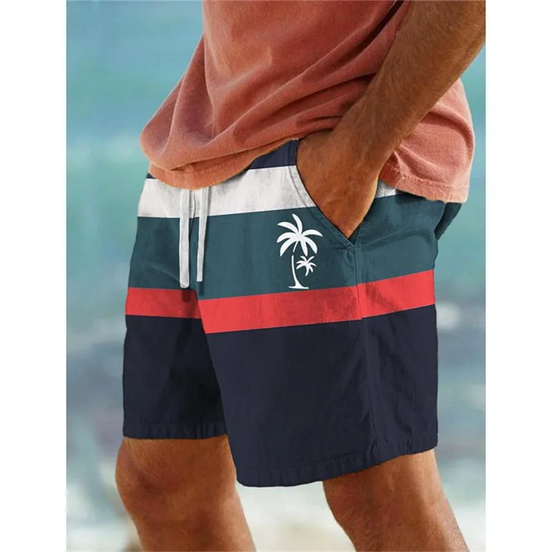 Stripe Palm Tree Pattern Beach Shorts For Men Color Stitching 3D Print Swim Trunks Summer Hawaii Board Shorts Loose Short Pants