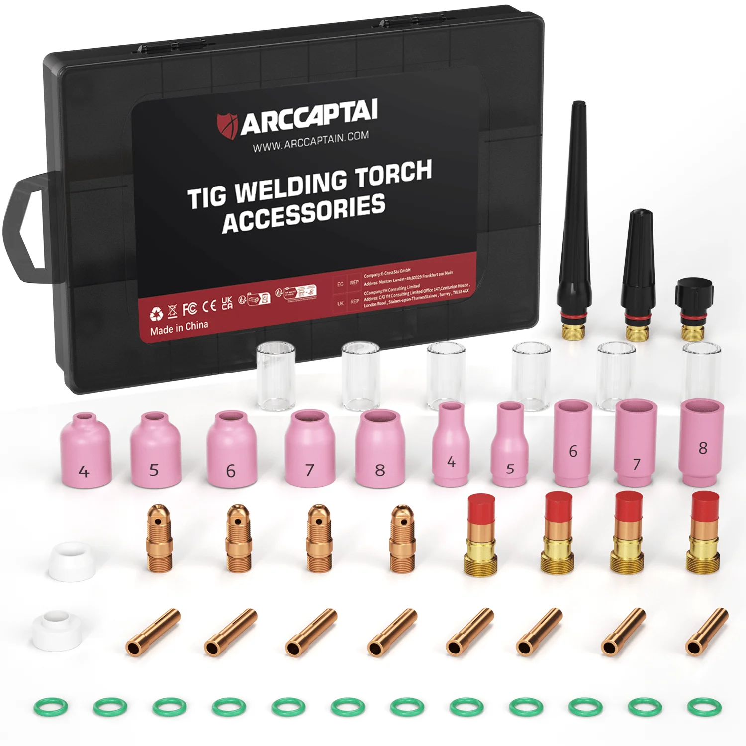 ARCCAPTAIN WP-17/18/26 Kit di accessori per torcia di saldatura TIG 49/71 pezzi Pinze per ugelli Corpo tozzo Lente per gas Kit di materiali di consumo per tazza di vetro