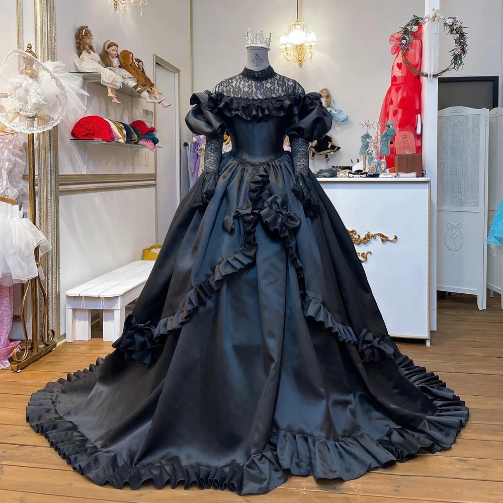 Elegant Satin Lace Prom Dresses High Neck Taffeta Ruffles Tiered Evening Dress Puffy Bow Satin A Line Celebrity Pageant Gowns