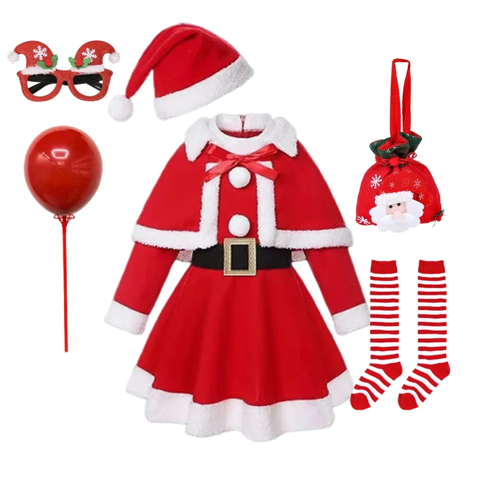 

2024 Kids Christmas Santa Claus Dress Costume Elf Cosplay Carnival Party New Year Fancy Dress Clothes Set For Girls