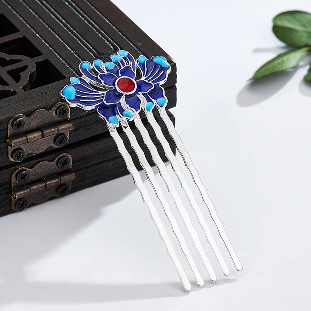 Women Elegant Blue  Lotus Classical Style Chinese Headwear Hair Accessories Hanfu Hairpin Cloisonne Hair Comb