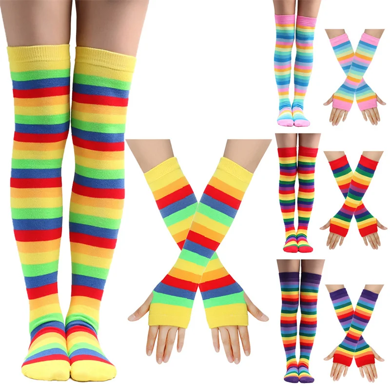 Autumn Winter Rainbow Stockings Striped Socks Gloves Over Knee Socks Arm Sleeve Women Christmas Gift Party Gathering Set