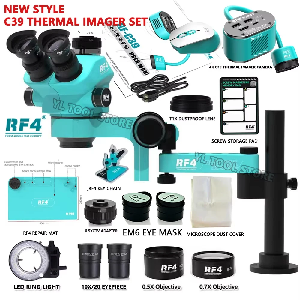 RF4 Stereo Trinocular Microscope 360 ° Rotation Articulating Arm Stands Phone Soldering PCB Repair 4K C39 Thermal Imager Camera