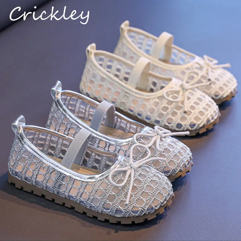 

Mesh Girls Flats Shoes Summer Bow Solid Soft Bottom Children Princess Shoes Breathable Elastic Band Anti Slip Kids Ballet Flats