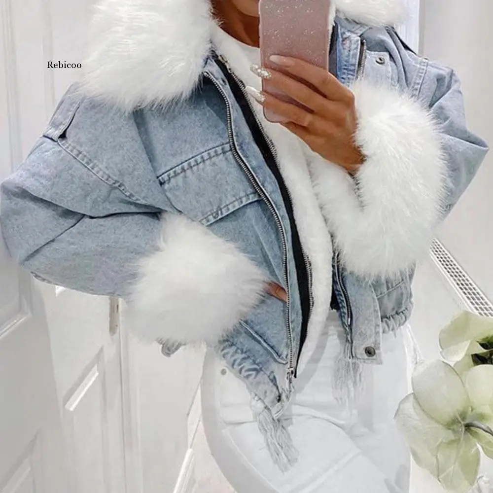 Jean Jacket Coat Classic Faux Fur Detachable Warm Thicken Women Winter Coats Casual Oversized Denim Jackets Outwear Female