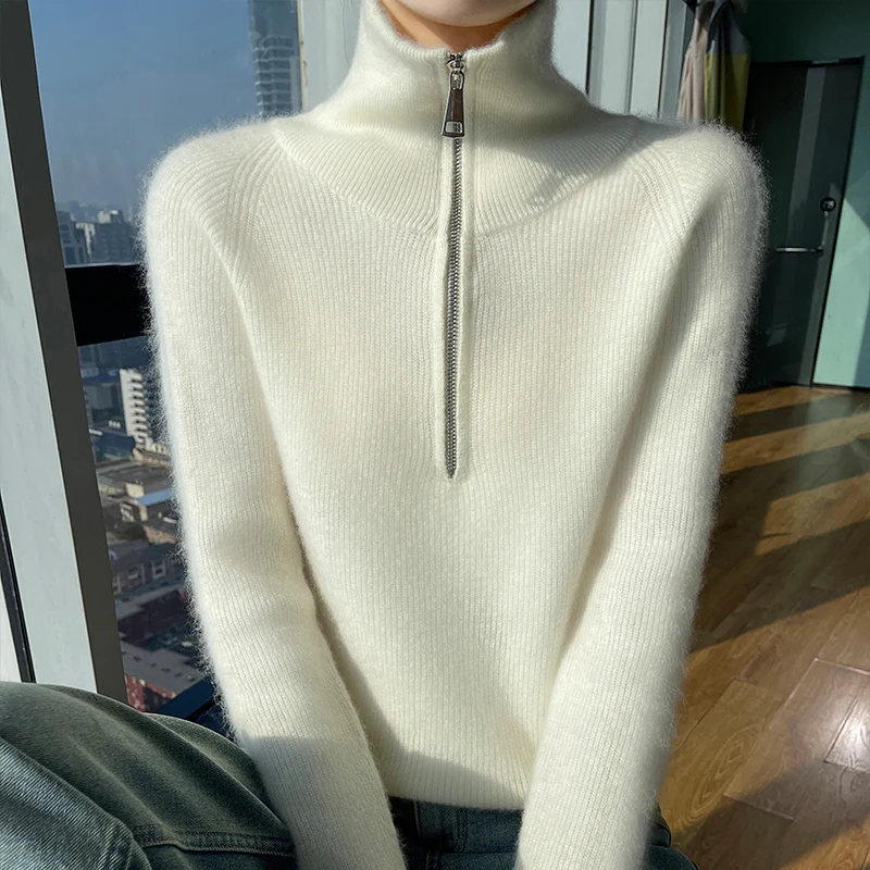 Winter new women\'s sweater 100% Merino wool sweater thick turtleneck half zipper pullover solid color thick cashmere sweater top