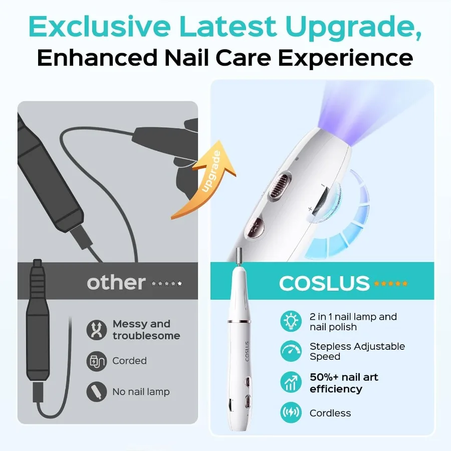 Broca elétrica sem fio para unhas, arquivo com lâmpada para unhas, 2 em 1, portátil, kit para gel acrílico, pó de imersão, recarga de unhas