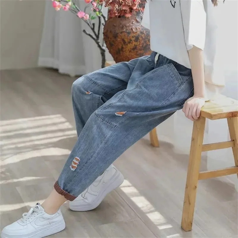 

Casual Vaqueros Loose Lace Up Pantalon Javascript Streetwear Ripped Hole Harem Jeans Women Korean Baggy Ankle-length Denim Pants