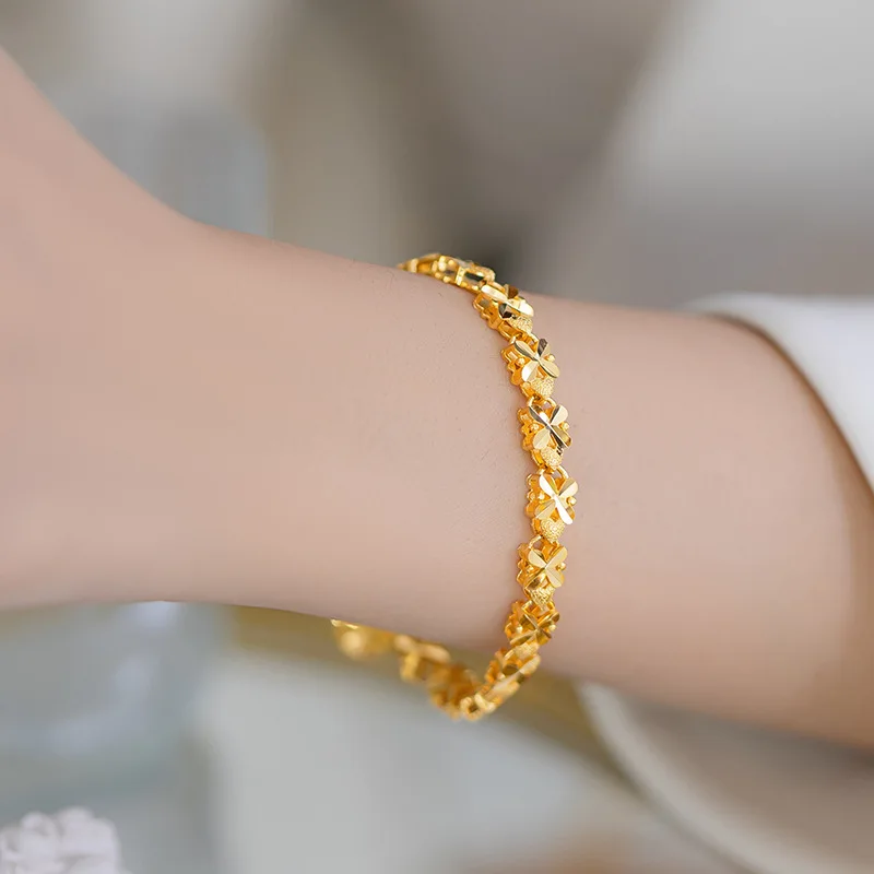AU999 gold ladies wrist chain Japanese and Korean fashion bracelet 24k real gold bracelet clover bracelet for girlfriend