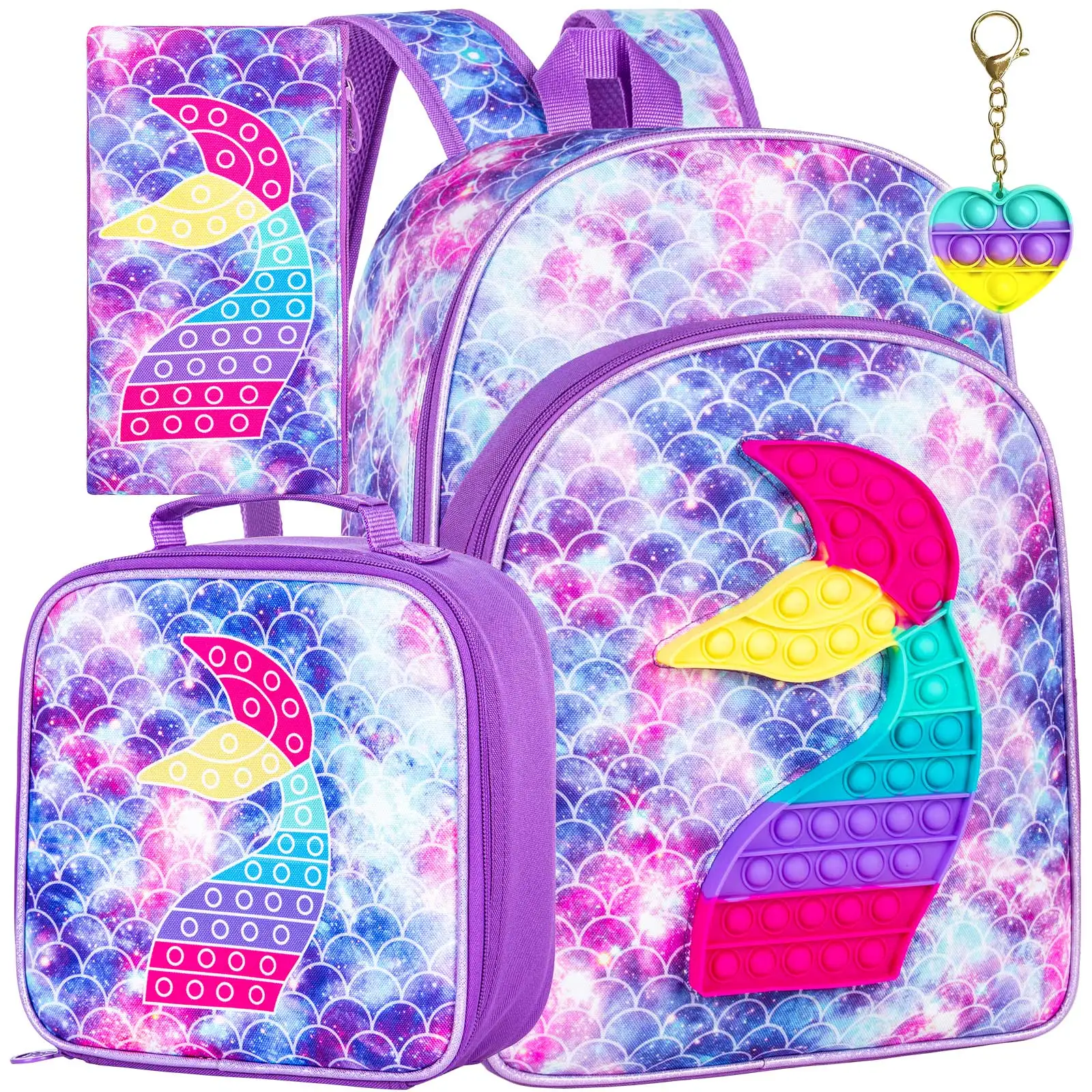 

3PCS Backpack for Girls, 16'' Kids Mermaid Preschool Elementary Bookbag,Kindergarten School Backpacks with Lunch Box - Purple