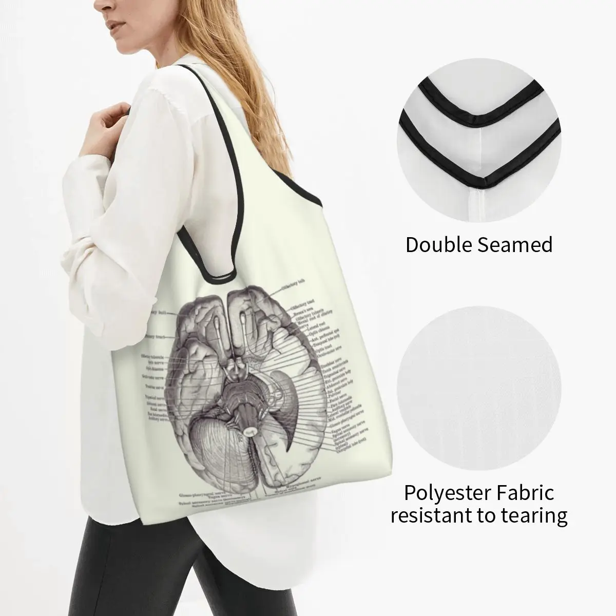 Brain Nervous System Diagram - Vintage Anatomy 2 Portable Tote Shopping Bags Foldable Shopper Bag Grocery Handbag Shoulder Bag