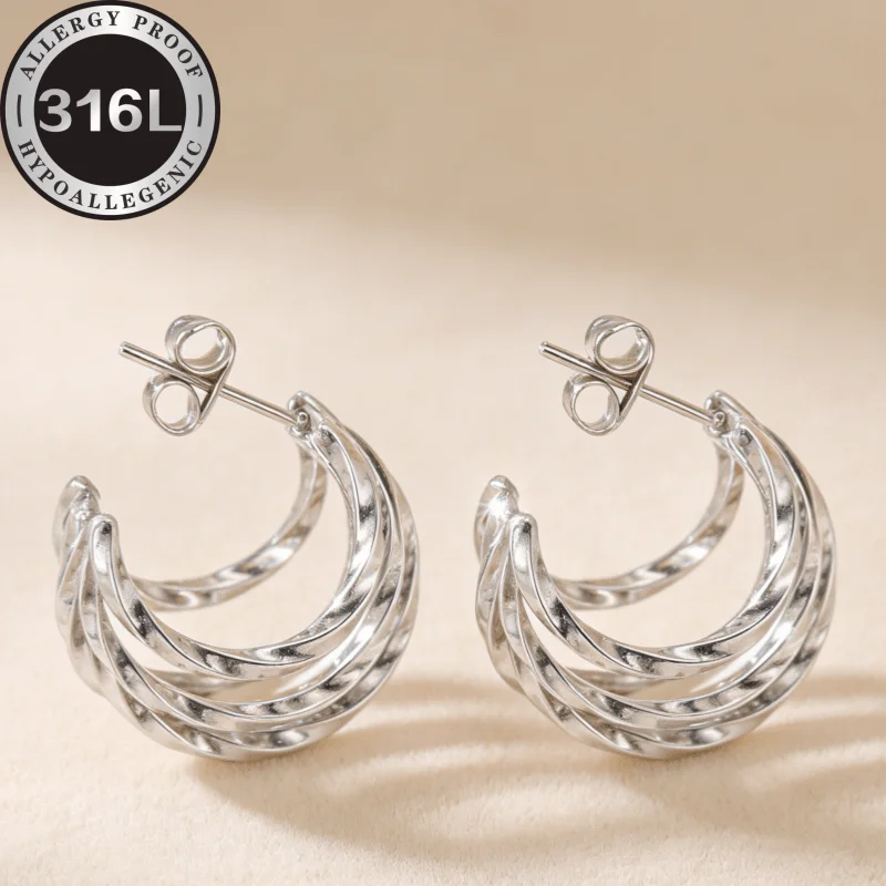 Anti-allergic, stainless steel hypoallergenic Golden earrings, square line twisted five-spell round