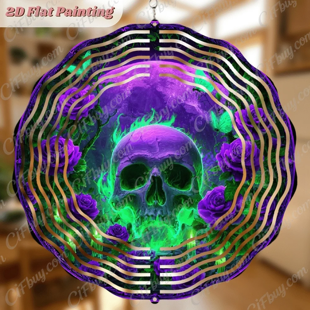 CIFBUY Wind Chime Colorful Purple Rose Skull 360° Rotating Metal Spinner Outdoor Yard Porch Hanging Decor Gift