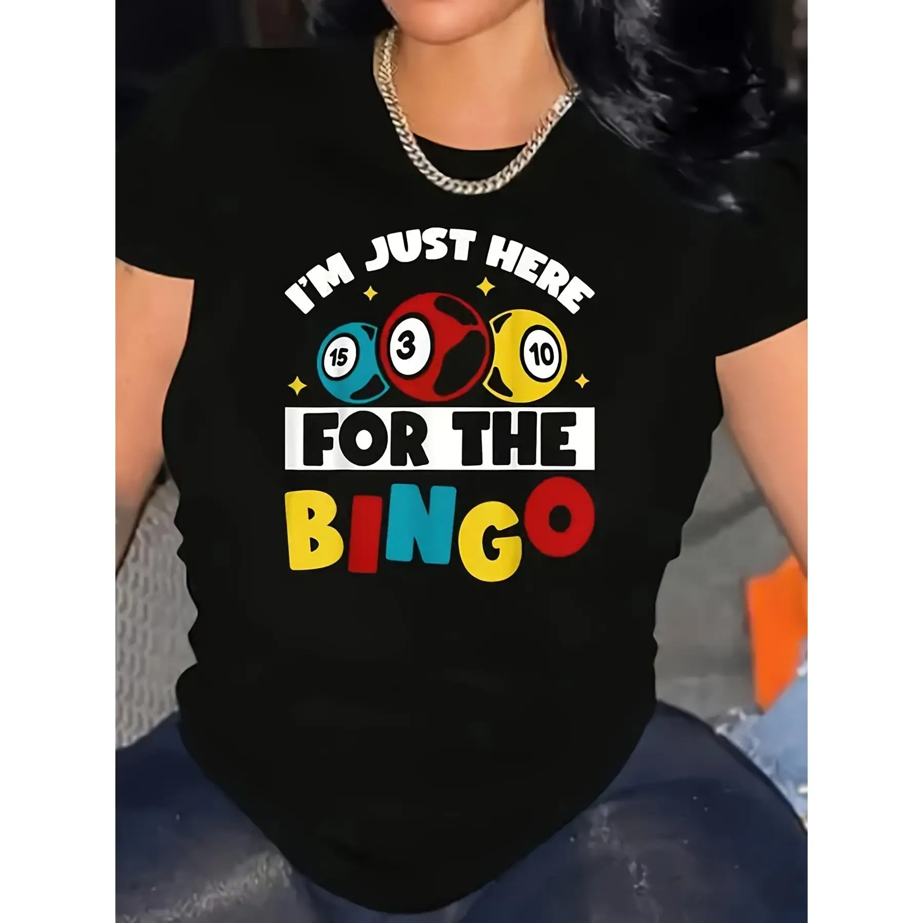 

Women's Bingo-Themed Graphic T-Shirt - "I'm Just Here For The Bingo" Slogan With Colorful Bingo Balls Design - Black Casual Shor