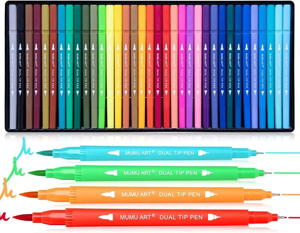 

35 Dual Tip Markers for Adult Coloring Books, Brush Pen Set with Fine Tip for Bullet Journaling Drawing