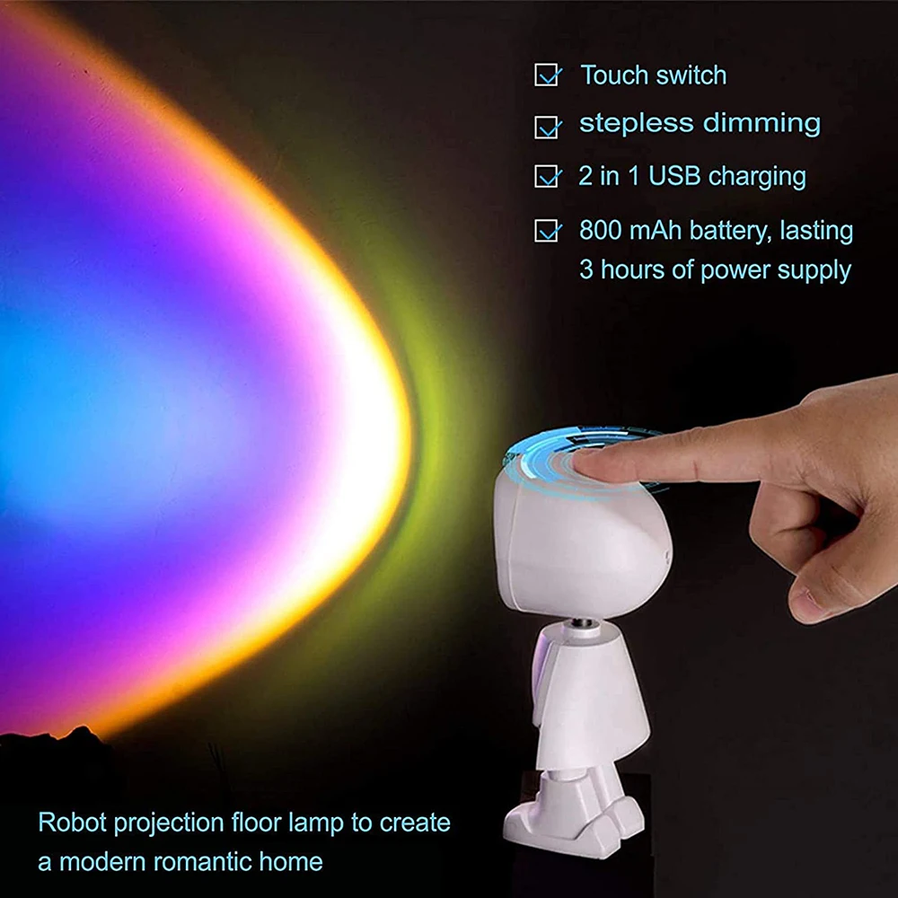 Proyector de luz de atardecer, luz de Selfie, Robot, atmósfera de arcoíris, luz Led nocturna, lámpara de escritorio USB para decoración de pared del dormitorio, iluminación