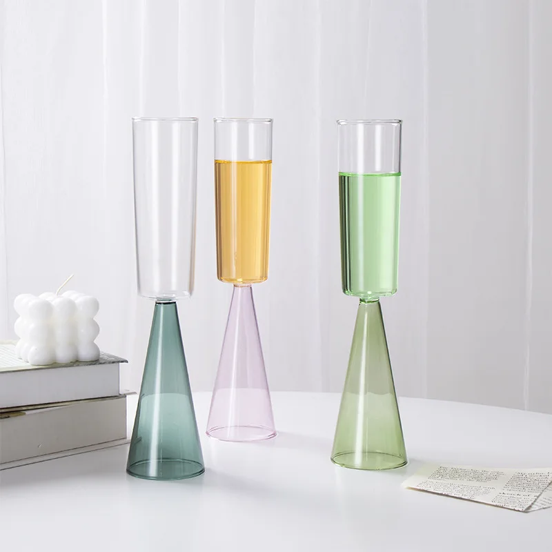 1 Piece 225ml Solid Color Glass Goblet Two Tone Glass Stemware Green Blue Yellpw Teal Pink Cone Shape Base Brief Champagne Flute