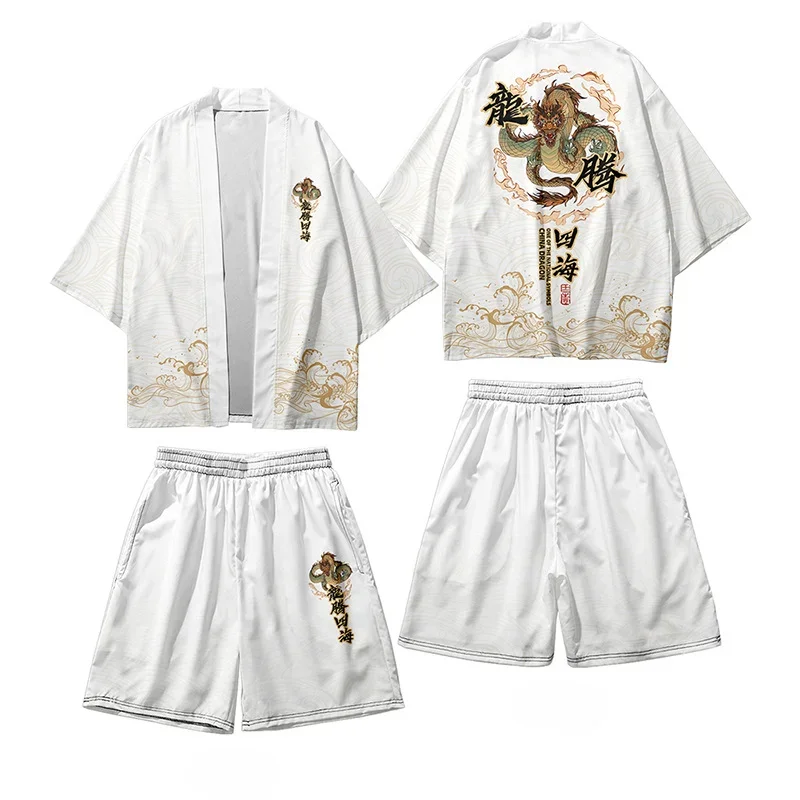 Summer Beach Two-piece Set Traditional Kimono + Shorts 2024 Men Anime Chinese Dragon Print Japanese Haori Suit Cardigan