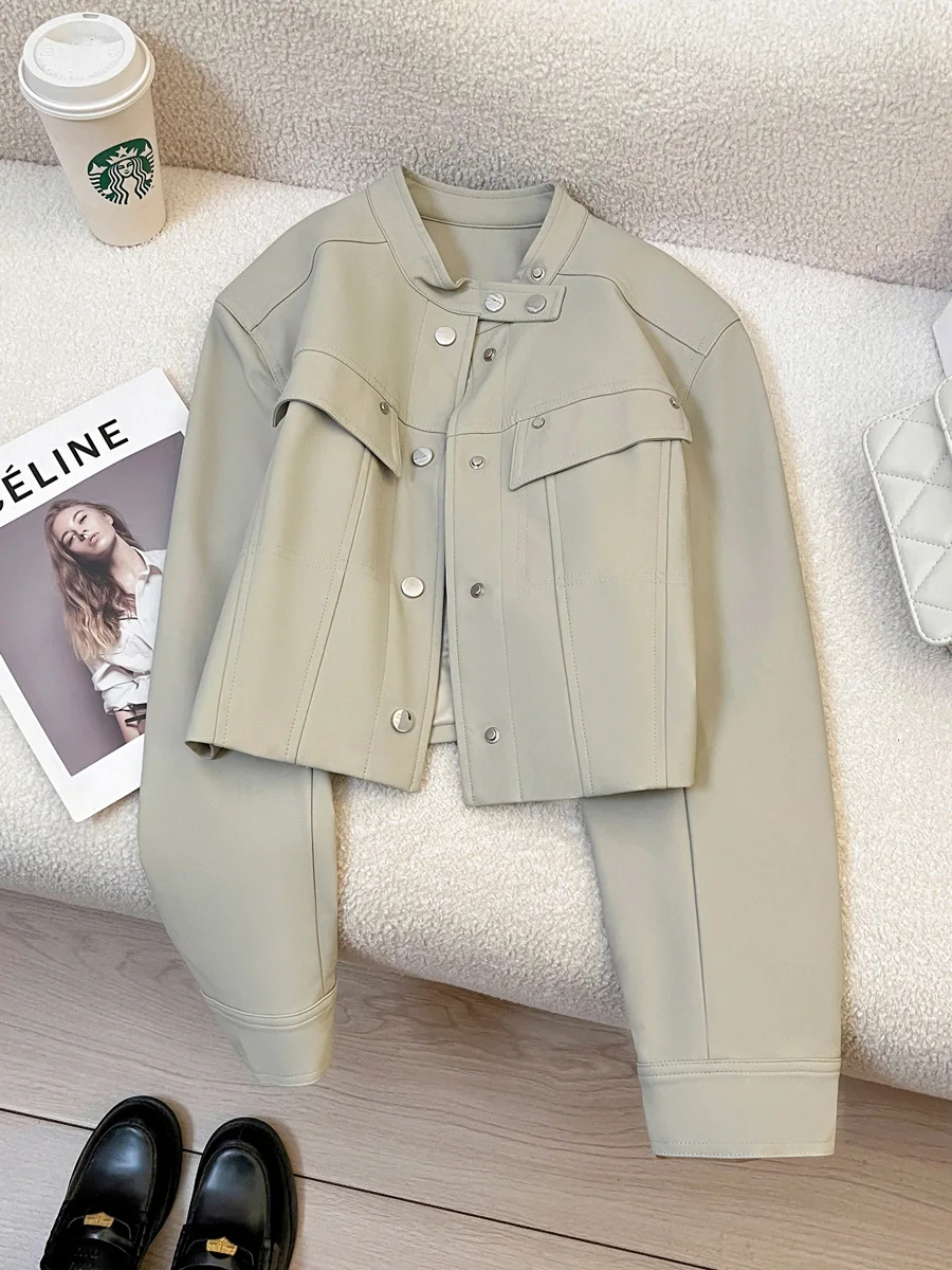 Autumn and winter women\'s casual solid color stand up collar long sleeved loose short jacket