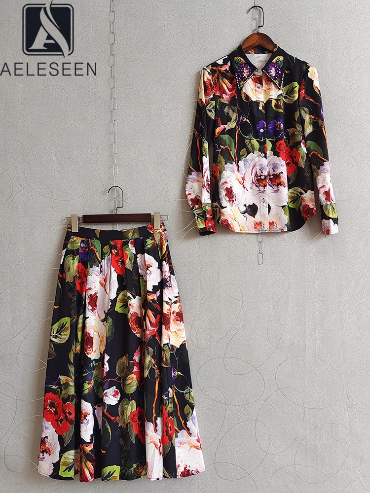 

AELESEEN Siciliam Summer 2 Pieces Skirt Set Women Designer Fashion Beading Diamonds Crystal Blouse+ Long Skirt Flower Print Set