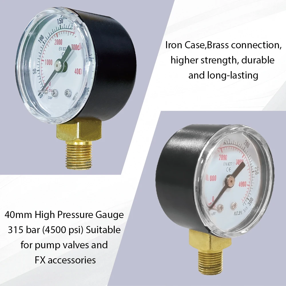 FX 액세서리 및 펌프 밸브용 1/8''BSP 하단 장착 철 케이스가 있는 315Bar 고압 게이지