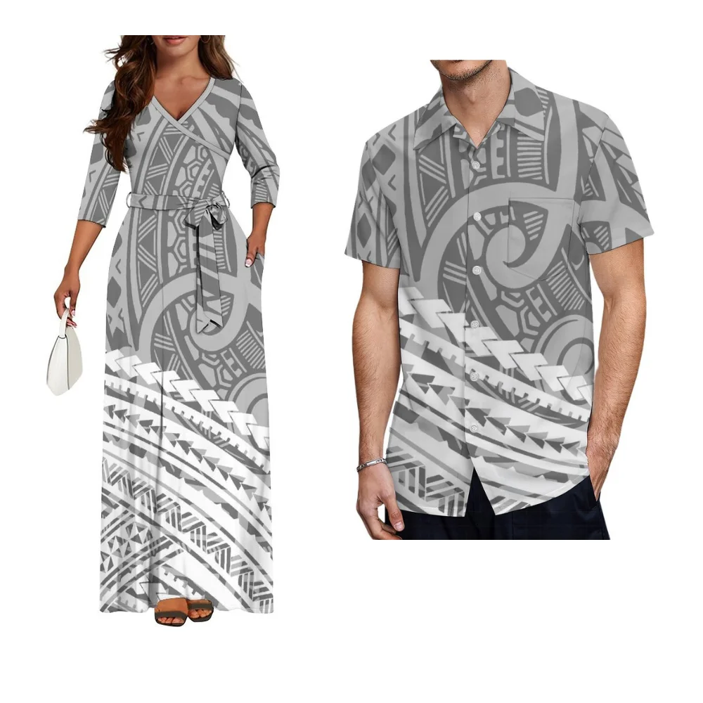 Coppia personalizzata polinesiana Set Abito con scollo a V con cintura Design Abito lungo da donna Camicia formale da uomo dell'Isola hawaiana Samoa