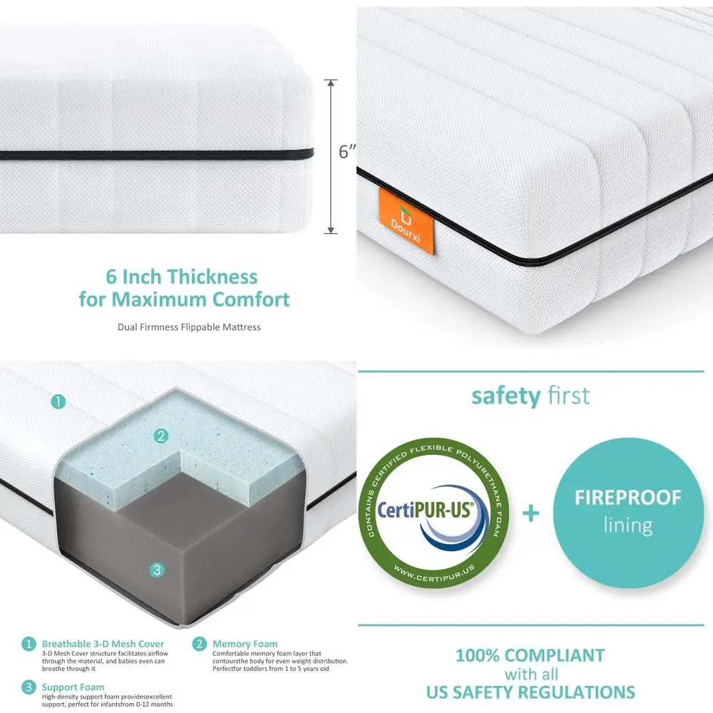 

Двусторонний матрас из пены с эффектом памяти для детской кроватки и для малышей с моющимся 3D-сетчатым чехлом, полноразмерный, 52x27.5x6