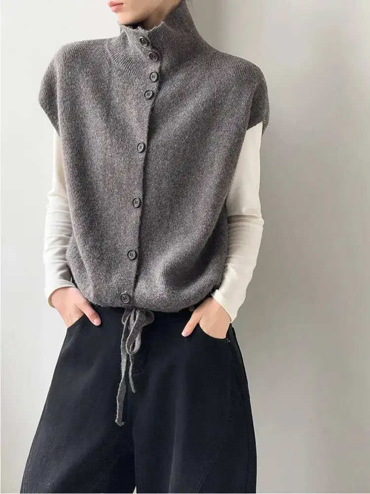 

Свитер-жилет с полувысоким воротником-стойкой, женский утолщенный однобортный вязаный кардиган без рукавов, жилет