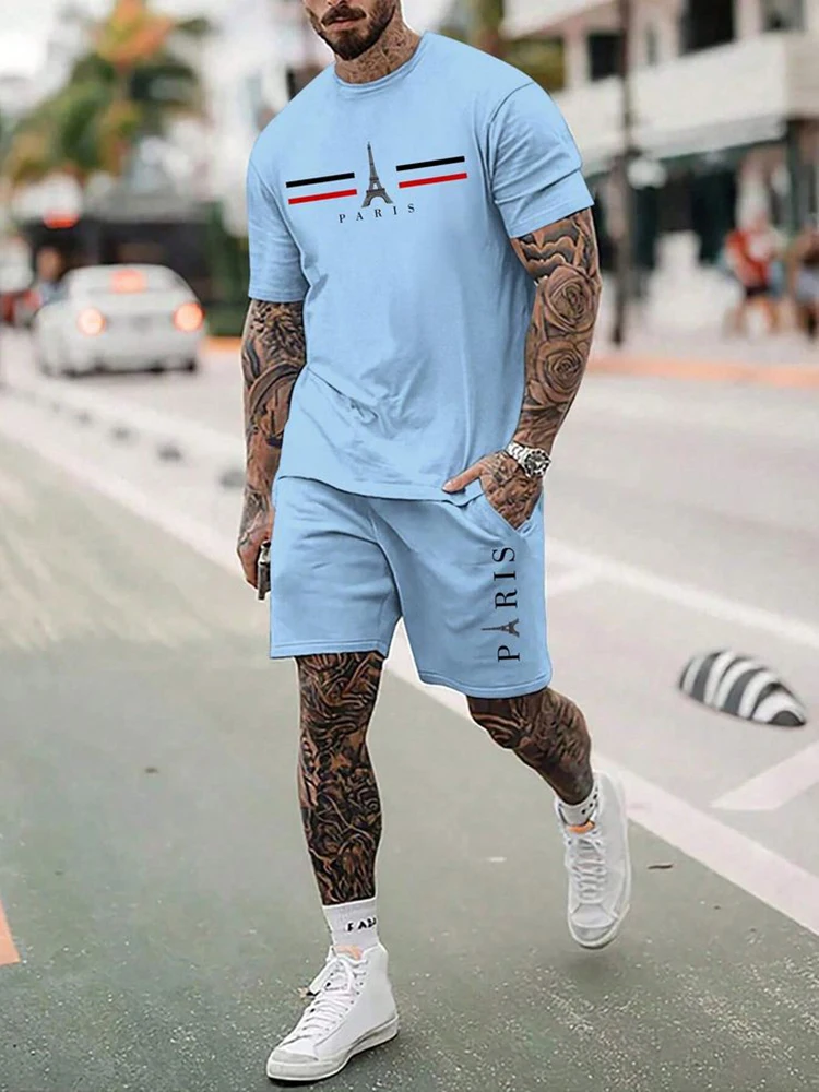 Summer new 3D print men\'s round neck short-sleeved T-shirt shorts suit 2-piece high-quality casual street cool sports suit