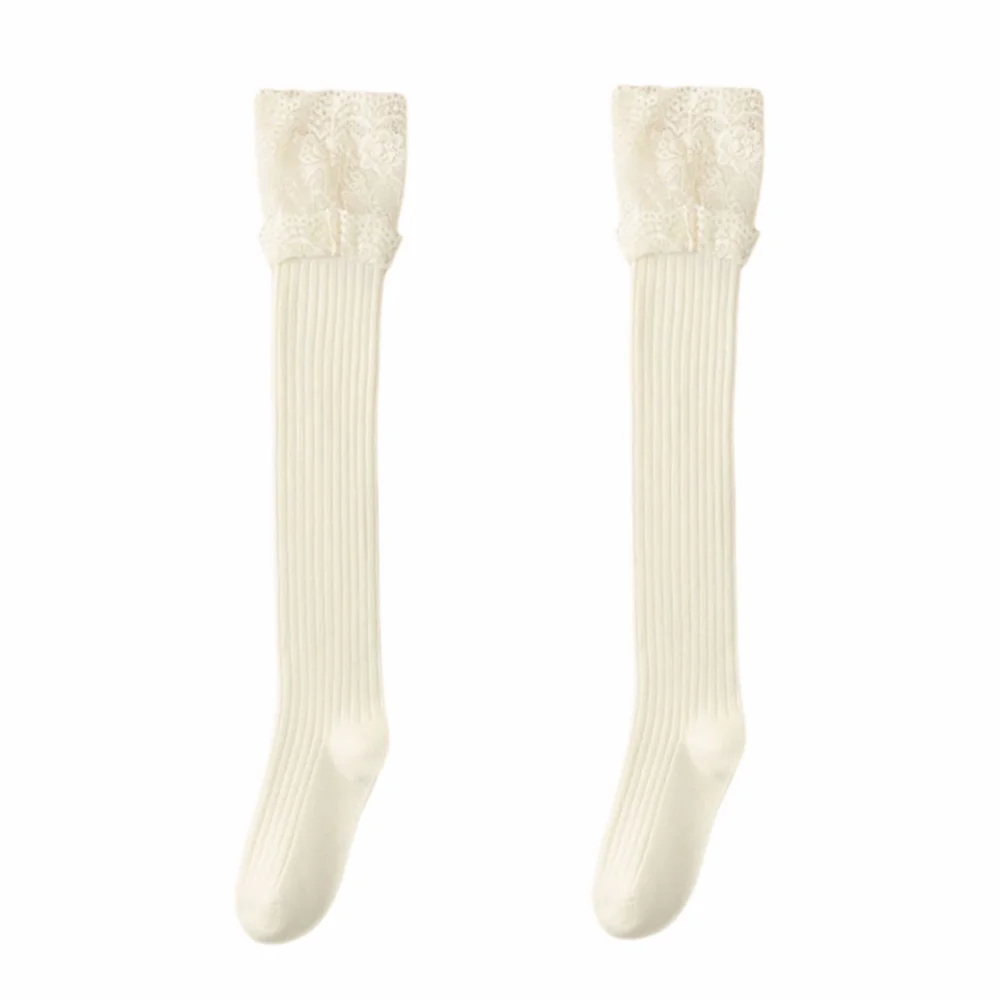 

Solid Color Women's Long Socks Soft Breathable Knitted Stockings Over-the-knee Lace Trim Girl's Stacked Socks Autumn/Winter