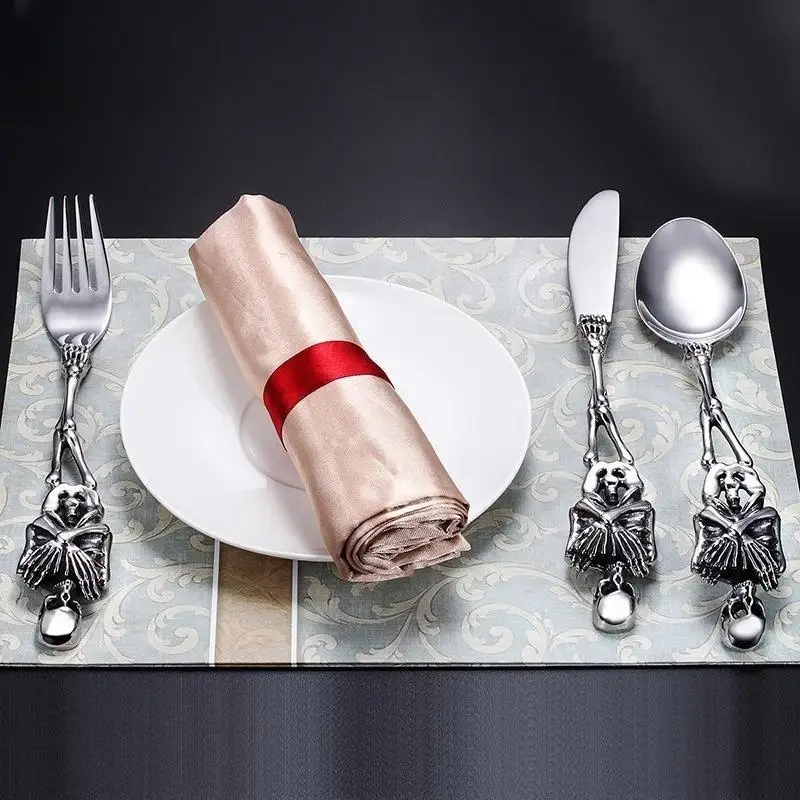 New 3/1PC Dinnerware Set Skeleton Head Spoon Fork Tableware Kitchen Stainless Steel Silver Black Skull Stainless Steel Flatware