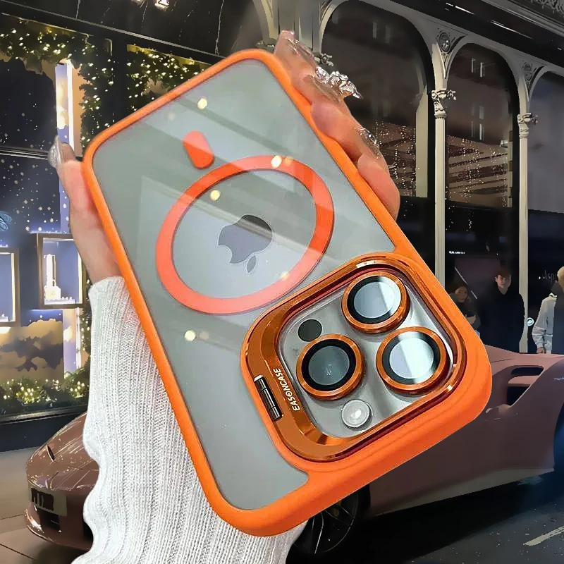 Luxury Lens Stand Clear Phone Case for iPhone 16 15 14 Plus 13 12 Pro Max 11 With Lens Film Protect Back Magnetic Cover Funda