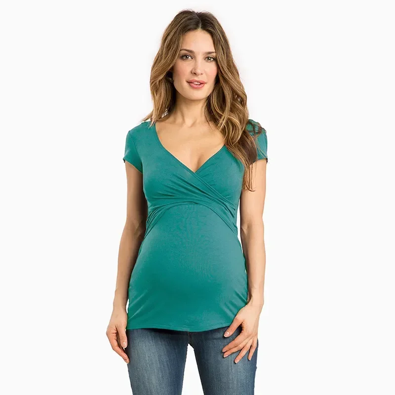 Women's Casual Short Sleeve Breastfeeding Top Maternity Women Postnatal Cotton Nursing T-shirt V-Neck Pregnant