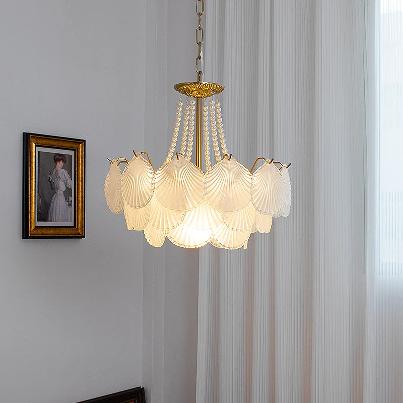 Lustre en cristal de coquillage français haut de gamme, éclairage LED moderne, décoration de la maison en cuivre, salon et salle à manger