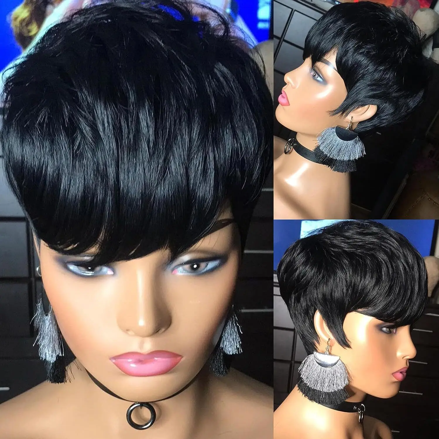 

Short Black Layered Wave Wigs Pixie Cut Wigs with Bangs