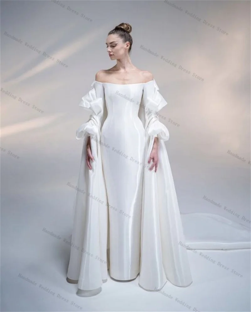 

Satin Women Wedding Dress Sexy Off Shoulder Full Sleeves Court Train Ruffles Bridal Gown Customized Robe Lace Up Back