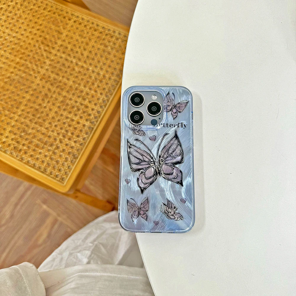 Laser Colorful Love Heart Butterfly Phone Case For iPhone 15 14 13 12Pro Max Double Sided Lamination Shockproof Protective Cover