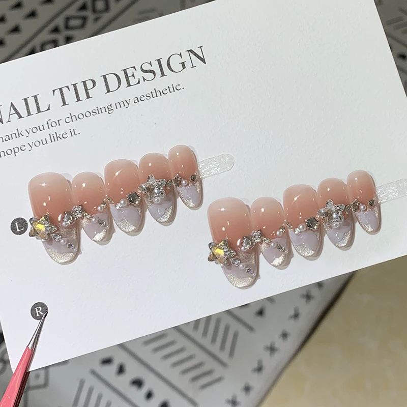 

10Pcs/set Short French Almond Handmade Press on Nails Fake Nails with 3D Colorful Rhinestone Design Wearable False Nail Uñas 네일팁