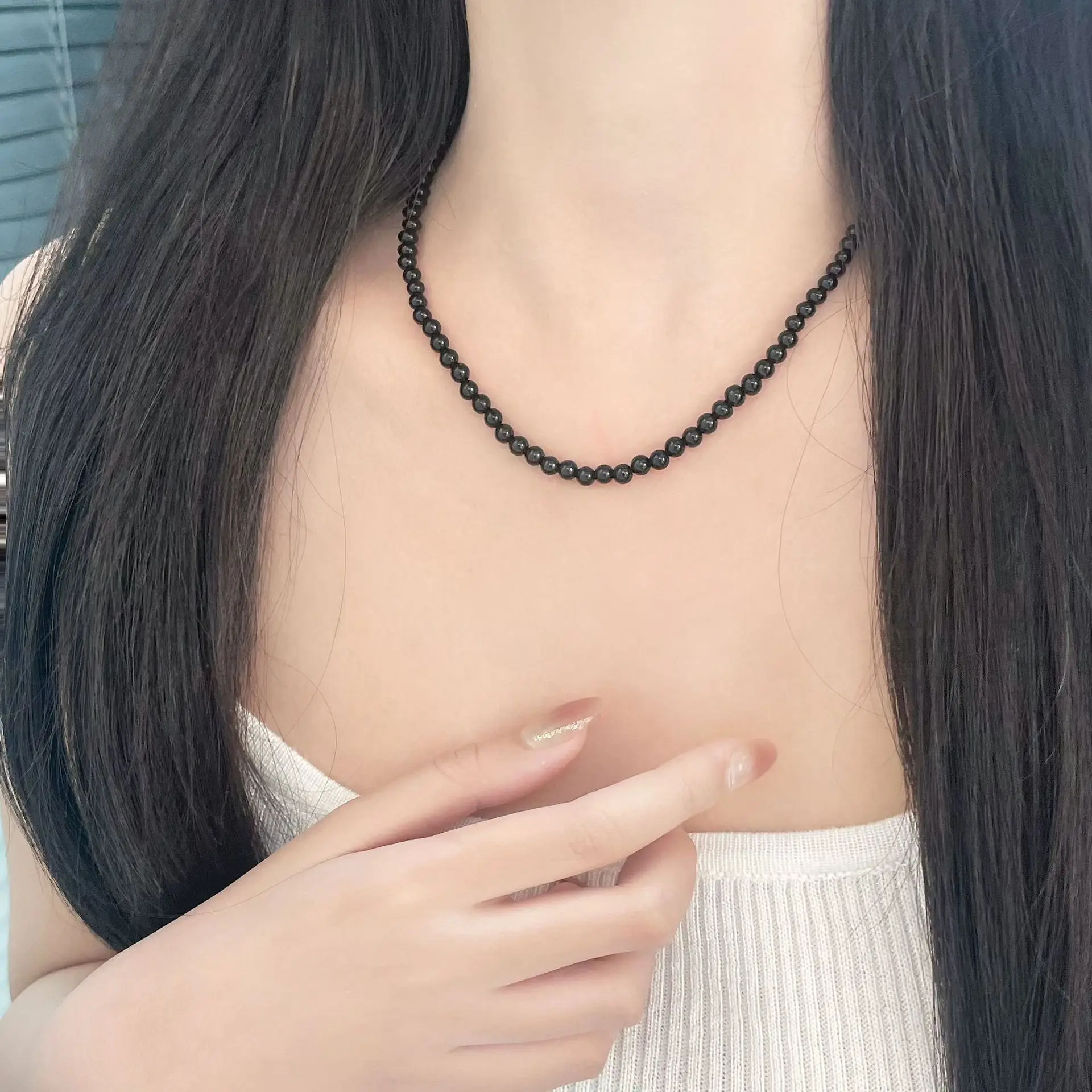 

North American Trend S925 Sterling Silver 7A Grade Black Agate Necklace Fashionable Niche Personality Versatile Collarbone Chain
